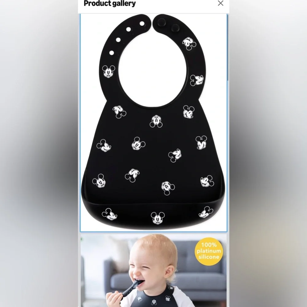 Disney Baby Bumkins Silicone Bib Black And White Mickey Mouse Face Easy Wipe